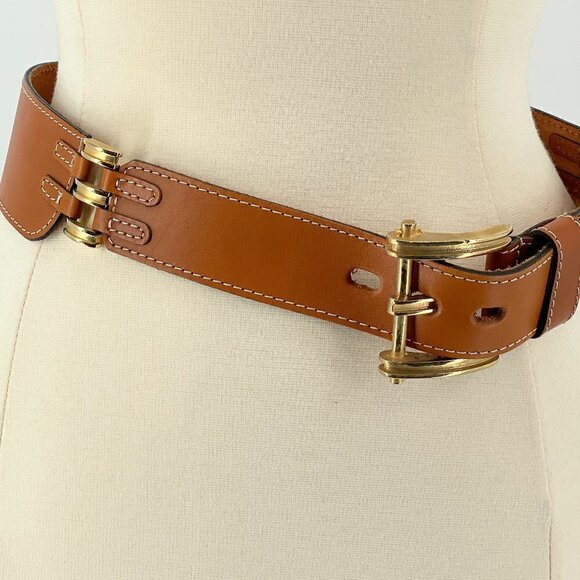 Luggage Tan Waist Belt Bold Gold Tone Buckle Made in Italy Women\'s Size Medium